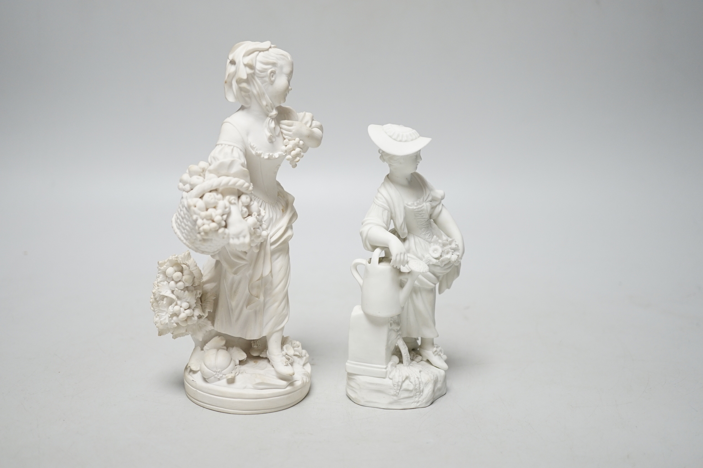 An 18th century Derby biscuit figure of a woman representing Autumn, 16.8cm and a Derby biscuit figure of a woman gardener with a watering can, pattern no.7, 13.3cm.